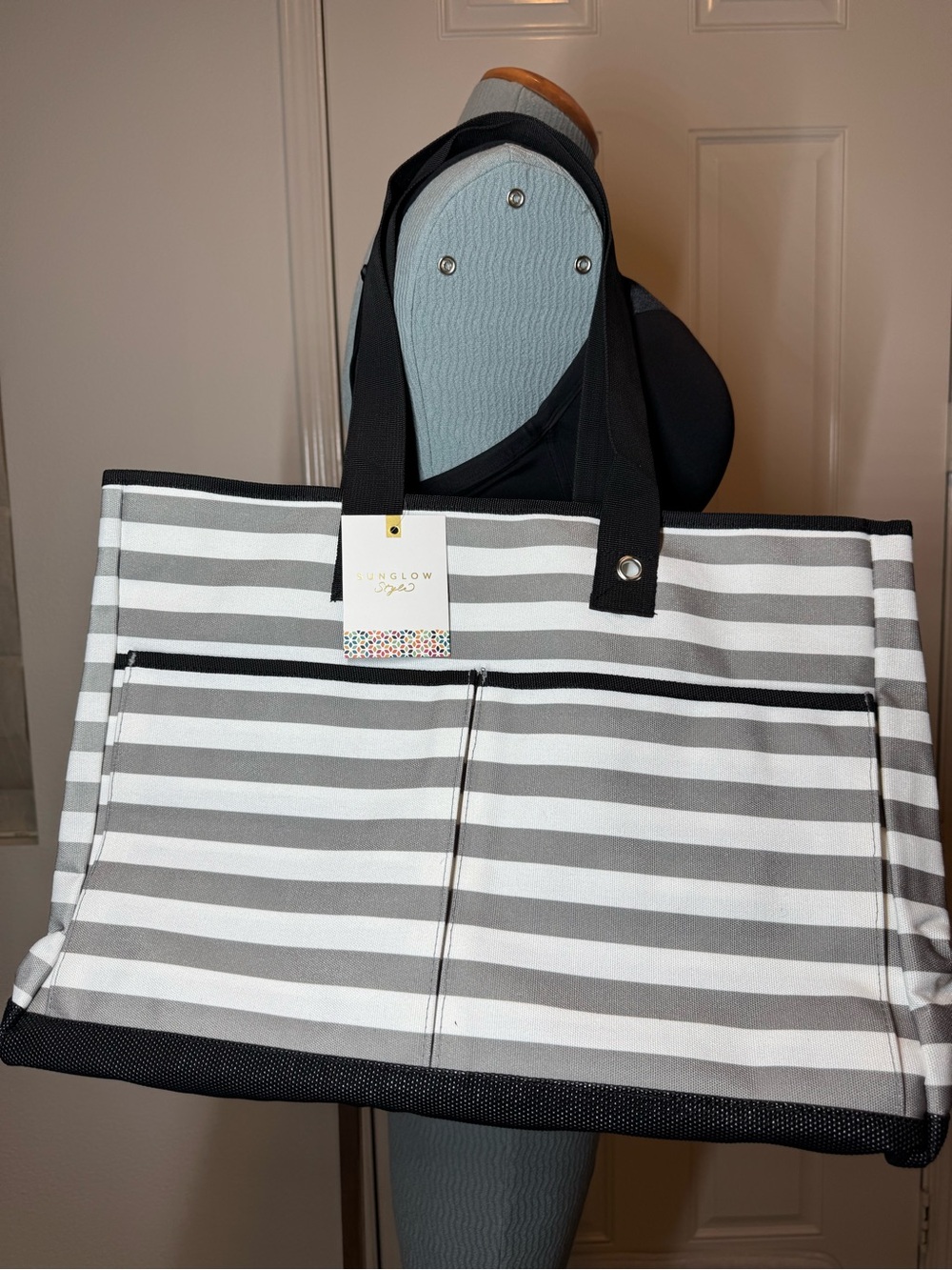 Gray & White Striped Tote Bag zipper 4 pockets beach office gym school travel